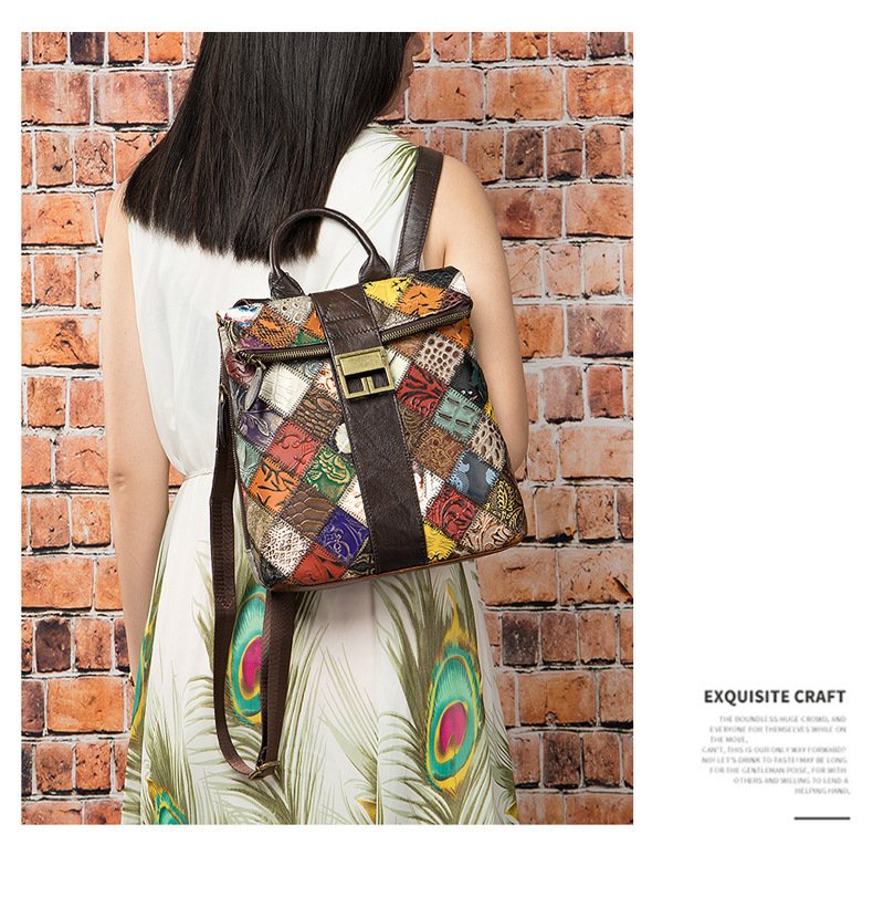 The First Layer Cowhide Ethnic Style Stitching Covered Backpack