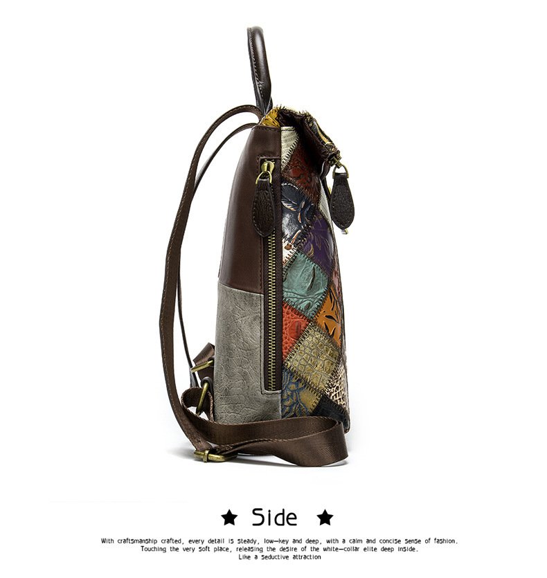 The First Layer Cowhide Ethnic Style Stitching Covered Backpack